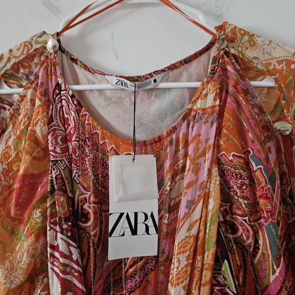 NWT Zara Short Printed Dress Belted Multicolored Orange Size XL 7521/049 - Picture 15 of 15